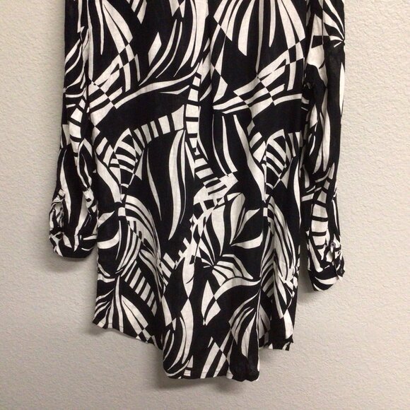 Tahari Shirt Womens Black White Print Linen Blend Button Up Blouse Top Sz Large - Picture 5 of 10